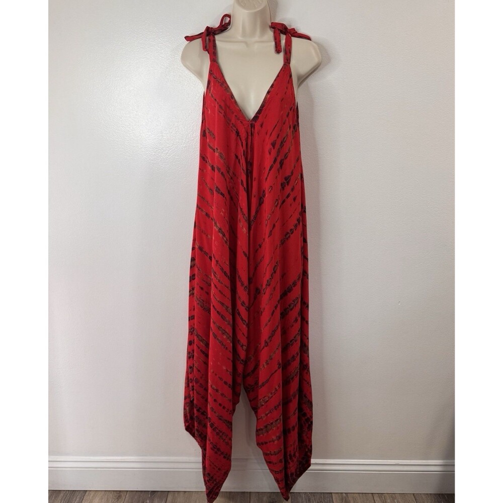 Bobatik Jumpsuit OS Red Black Harem Leg Boho Tie Dye Festival Hippie V-neck